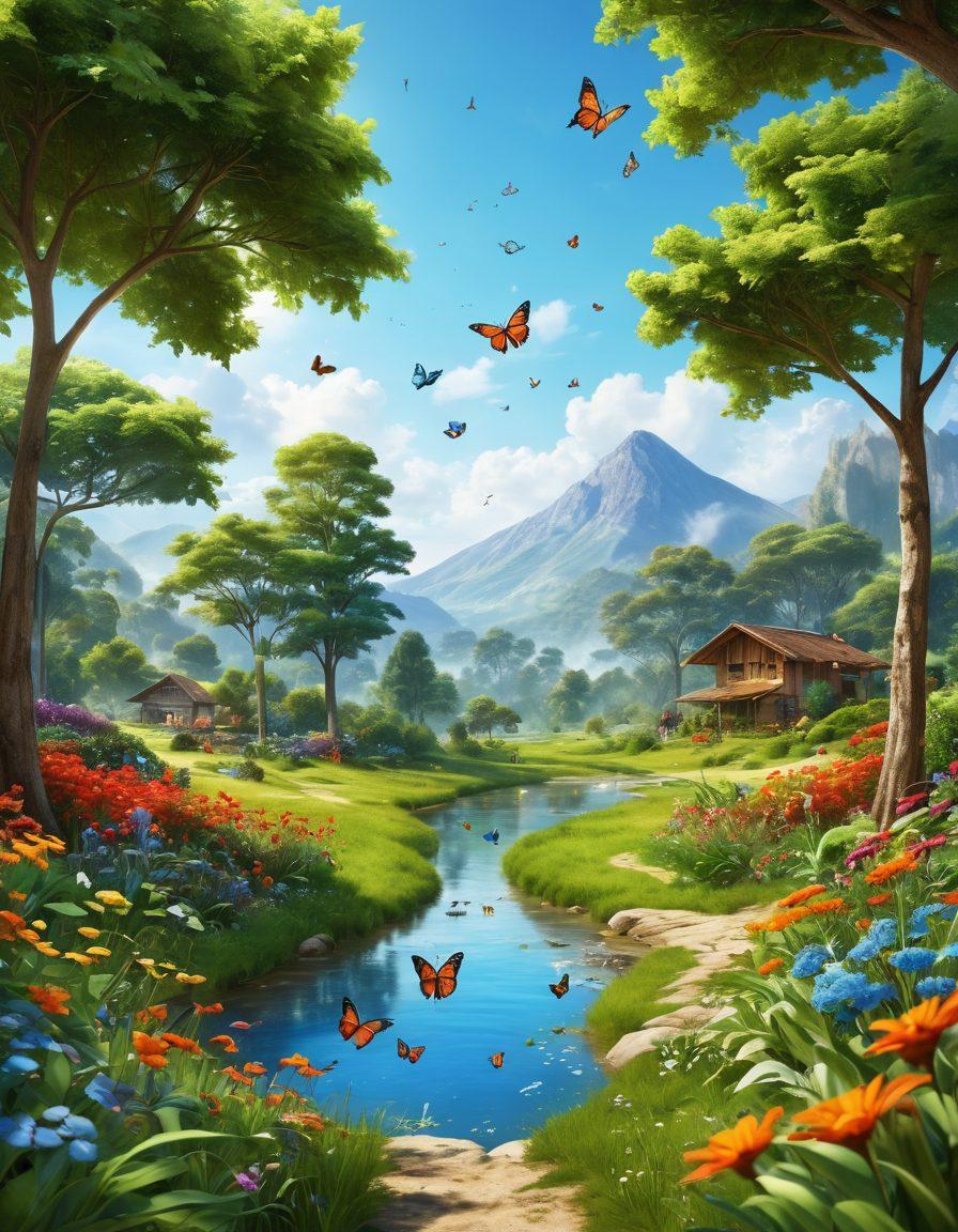 A lush green landscape showcasing diverse flora and fauna, with people engaging in sustainable activities like planting trees and recycling. Integrate elements of harmony between humans and nature, such as butterflies fluttering around, birds nesting in trees, and a clear blue sky. Highlight symbols of happiness, like smiling faces and colorful flowers, to depict a vibrant ecosystem. The scene should promote the idea of ecological balance and community efforts towards nurturing biodiversity. super-realistic. vibrant colors. nature-themed design.