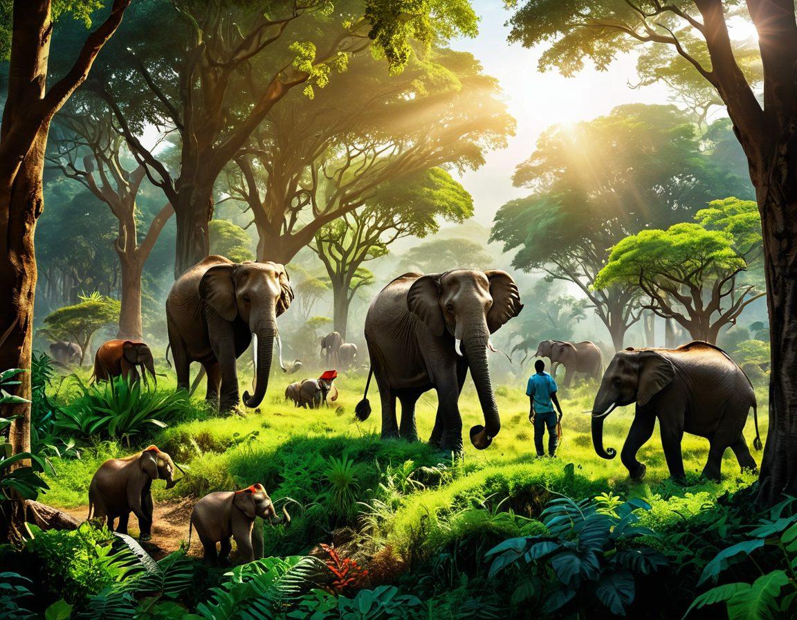 A vibrant scene of a lush forest teeming with life, showcasing diverse wildlife including elephants, colorful birds, and playful monkeys, all under a radiant sun. In the foreground, a diverse group of enthusiastic conservationists of various ethnicities is planting trees and caring for animals, symbolizing unity in conservation efforts. The overall mood is joyful and hopeful, with bright green colors and elements of nature's beauty surrounding them. super-realistic. vibrant colors. natural landscape.