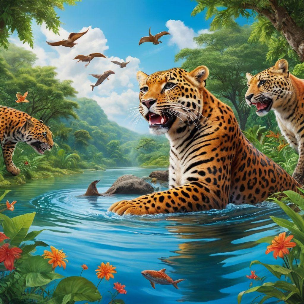 A vibrant and uplifting scene depicting a diverse group of endangered animals, such as the Amur leopard, Sumatran orangutan, and river dolphin, joyfully interacting in their natural habitats. Include lush greenery, colorful flowers, and a clear blue sky to symbolize hope and biodiversity. Showcase a small crowd of diverse people, including children, celebrating the conservation efforts in the background. This image should evoke a sense of success and community involvement in wildlife protection. super-realistic. vibrant colors. white background.